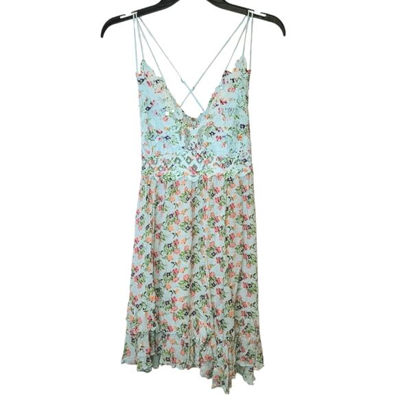 FP Intimately Free People Adella Mini Slip Dress Sz Large Blue Floral Ruffle - Picture 2 of 16